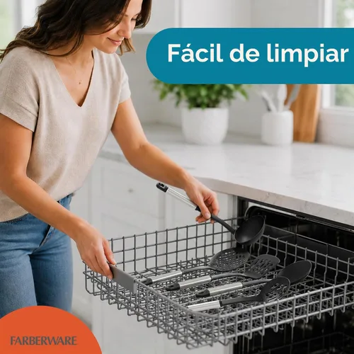 Vista 4 de Farberware Juego de herramientas de cocina de acero inoxidable - Negro, juego de 5 Negro/Plateado