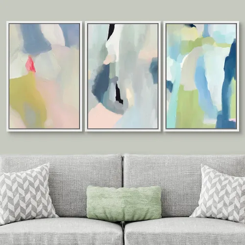 Vista 87 de SIGNWIN Lienzo enmarcado para pared, juego de arte pastel con cadena montañosa, bosque, niebla, naturaleza silvestre, ilustraciones modernas, arte