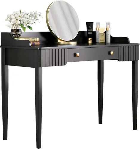 Vista 3 de Escritorio de maquillaje de madera negra que ahorra espacio, mesa moderna para computadora con cajones y asas doradas