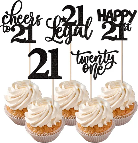 Vista 55 de Rsstarxi Paquete de 30 adornos para cupcakes de 6º cumpleaños con purpurina negra de seis Hello 6 para cupcakes Cheers to 6 años de edad