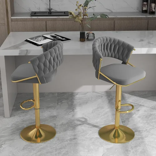 Vista 36 de Juego de 2 taburetes de bar giratorios de 360° con respaldo alto, silla de bar de terciopelo ajustable moderna de altura de mostrador, taburete