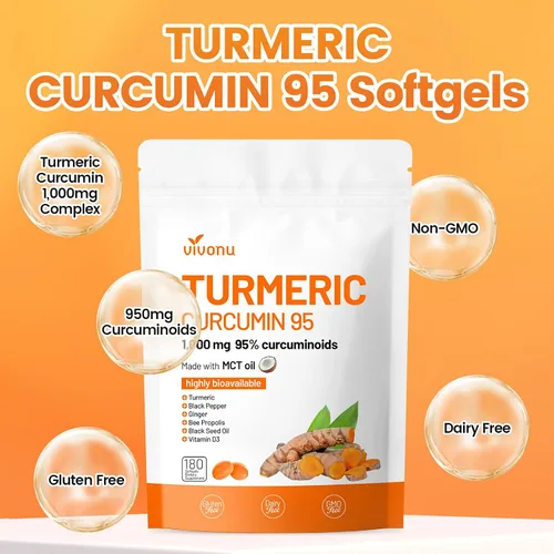 Vista 4 de VivoNu Suplemento de curcumina de cúrcuma con cápsulas de pimienta negra, 1000 mg de cúrcuma pura, curcumina 95% curcuminoides, absorción mejorada