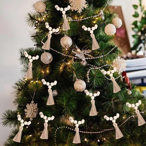 Vista 7 de Juego de 12 servilleteros de cuentas de madera con borlas de cuerda de yute para Navidad, granja, boda, hogar, mesa de comedor, decoración de fiesta
