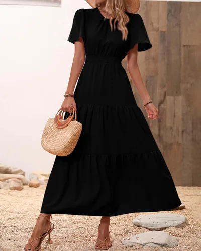 Vista 7 de PRETTYGARDEN - Vestido largo casual de verano para mujer, manga corta, con vuelo, cuello redondo, cintura fruncida, escalonado, bohemio, floral