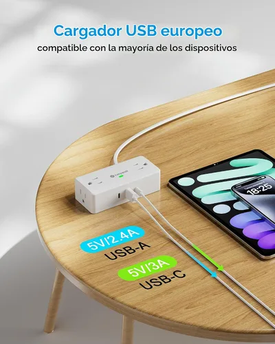 Vista 3 de Kakyanill Adaptador de enchufe de viaje europeo, adaptador de enchufe tipo E F, 4 salidas de CA, 3 puertos USB (2 USB C), cable de extensión plano