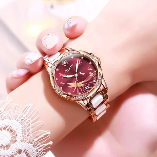 Vista 3 de OLEVS Relojes automáticos de esfera roja para mujer cuerda automática pulseras de dos tonos de oro rosa reloj de mujer relojes de moda reloj