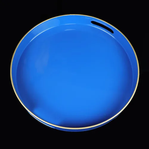 Vista 4 de Bandeja decorativa redonda azul con asas, bandeja de servir elegante de 13" para mesa de café, estilo otomano para sala de estar, baño, exteriores