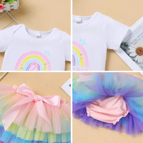 Vista 6 de ODASDO Conjunto de 3 piezas para bebé niña con diseño de arco iris para el primer y segundo cumpleaños de la torta