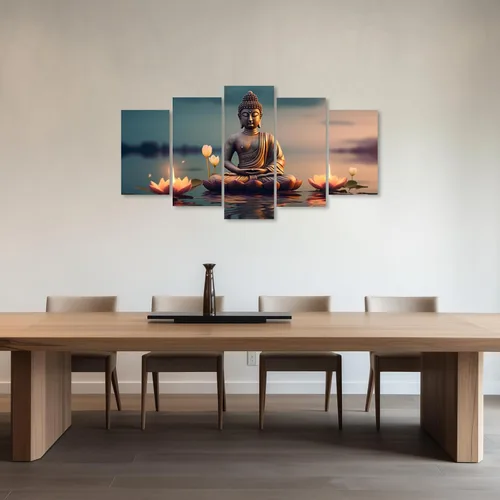 Vista 2 de ZXHYWYM Lienzo decorativo para pared, 5 piezas, estatua de Buda, pintura de loto, imágenes de loto, obras de arte de spa zen para oficina, 1