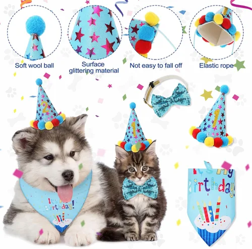 Vista 4 de Weewooday Suministros para Fiesta de Cumpleaños de Perro, Pañuelo de Cumpleaños para Niño y Niña, Bufanda Triangular, Sombrero de Fiesta, Corbata
