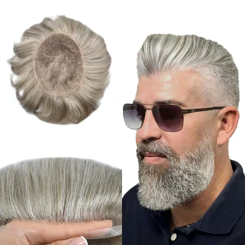 Vista 41 de Completo suizo encaje tupé para hombres pieza de pelo real sistema de reemplazo de cabello humano para hombres Toupee Hairpieces para hombres 7x9