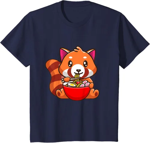 Vista 49 de Camiseta Kawaii Anime Red Panda Eating Ramen Noodles, Negro, S