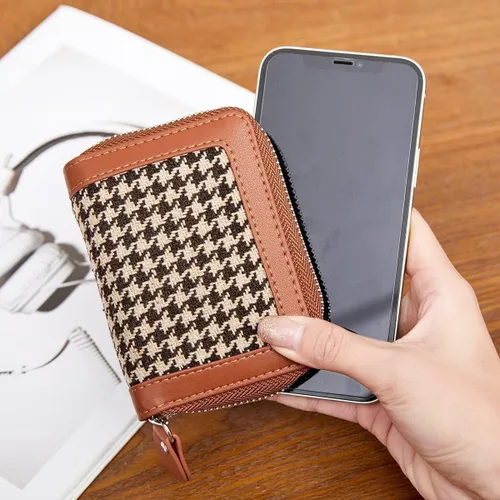 Vista 7 de Tarjetero de tarjetas de crédito con cremallera para mujer bloqueo RFID fundas para tarjetas de visita para mujer marrón
