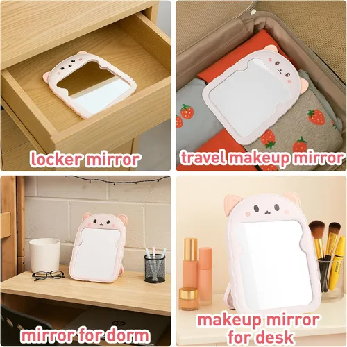 Vista 8 de TBWHL Bonito espejo de escritorio de dibujos animados con gato para escritorio, espejo de escritorio con soporte para niñas, niños, espejo colgante