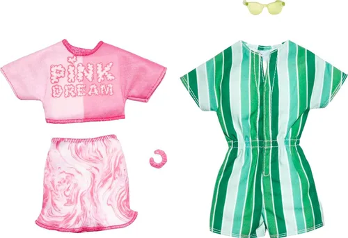 Vista 4 de Barbie & Ken Fashions Paquete de 2 - Conjunto de ropa y accesorios, 1 traje de baño, pareo y visera para muñeca Barbie y 1 camisa tropical, traje