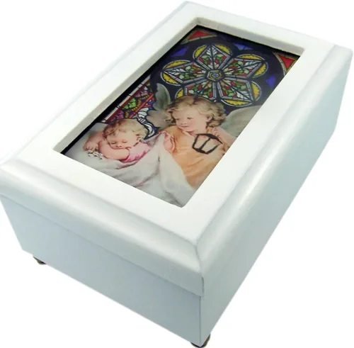 Vista 2 de Joyero musical de madera blanca de cristal de cristal religioso católico, 6 1/2 pulgadas