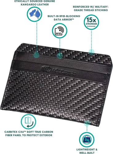 Vista 6 de COLDFIRE Protector táctico de cuero delgado para tarjetas de crédito, fibra de carbono auténtica y piel K, bloqueo RFID, elegante cartera