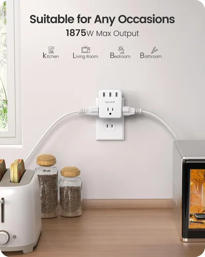 Vista 7 de LENCENT Adaptador de 3 clavijas a 2 clavijas, paquete de 2, extensor de 3 tomas de corriente con 3 puertos USB, cargador de pared, divisor extensor
