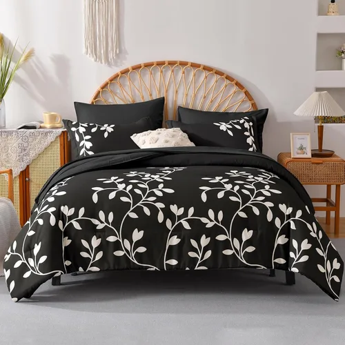 Vista 2 de Juego de edredón tamaño King, 7 piezas con estampado botánico floral blanco en negro, juego de edredón con sábanas, juego de ropa de cama