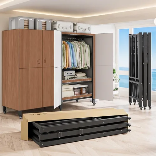 Vista 10 de Perchero cubierto resistente con puerta magnética, plegable, portátil, para colgar ropa, perchero de metal negro con ruedas (negro, 49.12 pulgadas)