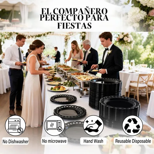 Vista 8 de COLOSUS Juego de 60 platos de plástico negro, platos barrocos elegantes, elegantes platos desechables con borde de encaje, platos de plástico
