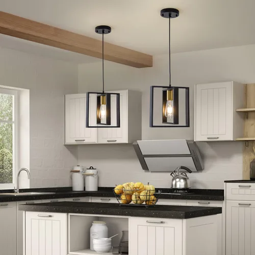 Vista 5 de Lámpara colgante negra de granja, candelabro pequeño de 1 luz, lámpara de comedor de madera con cable ajustable, luces colgantes para pasillo, isla