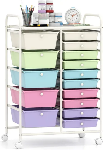Vista 9 de Giantex - Carro de almacenamiento con ruedas, 10 cajones, organizador para papelería, oficina o escuela (Beige+Amarillo+Gris)