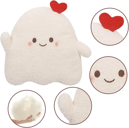 Vista 4 de ARELUX Bonita almohada de felpa de fantasma, corazón blanco suave, fantasma, muñeco de nieve, muñeco de nieve, juguete divertido para decoración