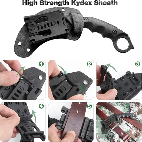 Vista 6 de JXE JXO Cuchillo táctico EDC con funda, cuchillo de acero duradero 420HC Karambit de hoja fija para exteriores, cuchillo de supervivencia con mango