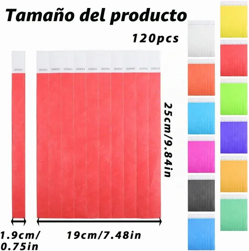 Vista 2 de 120 pulseras de 1 a 120 números consecutivos, 12 colores, impermeables, de neón, a prueba de desgarros, pulseras de admisión, boletos, pulseras