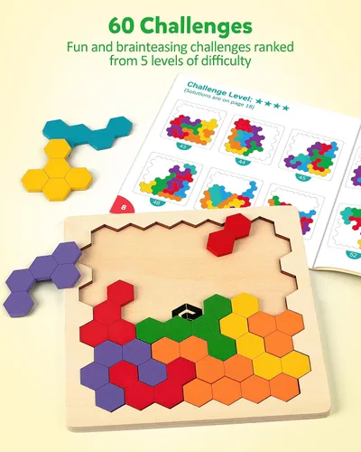 Vista 4 de Coogam - Rompecabezas de madera Tangram, rompecabezas de forma y color 3D, juego de lógica y coeficiente intelectual geométrico, bloques Montessori