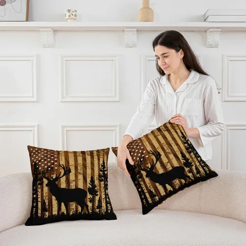 Vista 4 de Funda de almohada de piel de vaca, con bandera estadounidense, ciervos, cuernos de caza, para decoración del hogar, sala de estar, funda de cojín