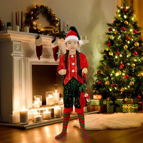 Vista 4 de A ANLEOLIFE Disfraz de elfo de Navidad para niños con lentejuelas y cinturón de campanas (versión actualizada 2021)