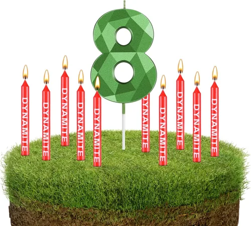 Vista 11 de Fumete 13 velas de dinamita, velas de cumpleaños de píxeles verdes, decoración de cumpleaños temática de juego para temática de píxeles