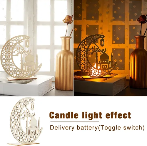 Vista 6 de Honoson Eid Crafts - Luz nocturna de Ramadán Mubarak, decoración en forma de luna de madera 3D, lámpara de Ramadán Mubarak, adornos Eid