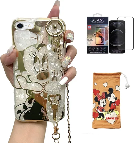 Vista 13 de Funda de dibujos animados para iPhone 7/8/SE de 4.7" con protector de pantalla HD, Mickey Mouse con correa de muñeca, soporte, cadena de metal