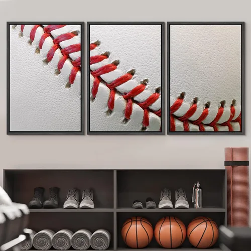 Vista 2 de wall26 Lienzo enmarcado para pared, juego de arte de primer plano, detalles de costuras de béisbol, atletas deportivos, fotografía, moderno