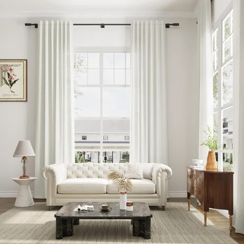 Vista 19 de Cortinas de lino extralargas de 144 pulgadas de largo para sala de estar con pestaña superior, cortinas modernas estilo casa de campo de dos pisos