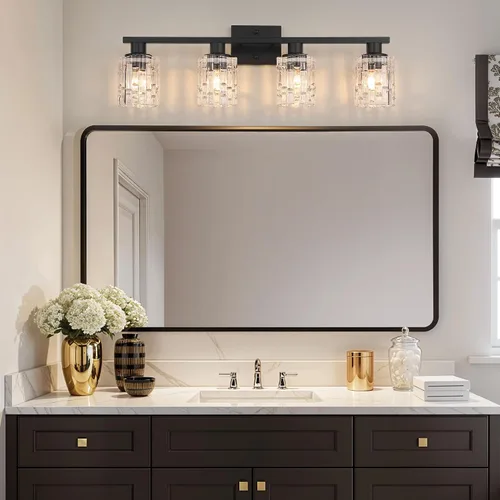 Vista 3 de Lámpara de tocador de baño de 4 luces negras mate, iluminación moderna de tocador con pantalla de vidrio de cristal, accesorios de iluminación