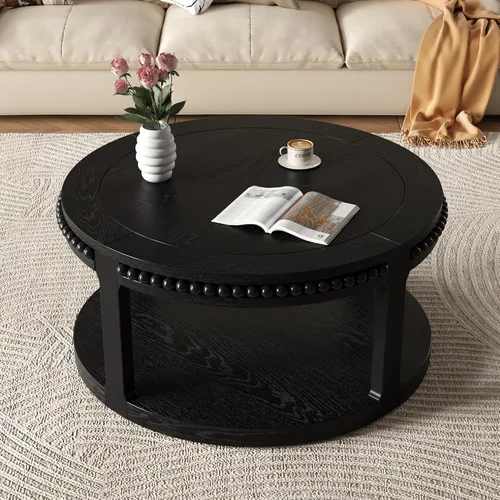 Vista 5 de WILLIAMSPACE Mesa de centro redonda de madera maciza de 31.5 pulgadas con parte superior gruesa de dos niveles, mesa central de madera moderna, mesa