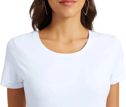 Vista 5 de Camiseta básica de media manga con cuello redondo para mujer, casual, color liso, de algodón