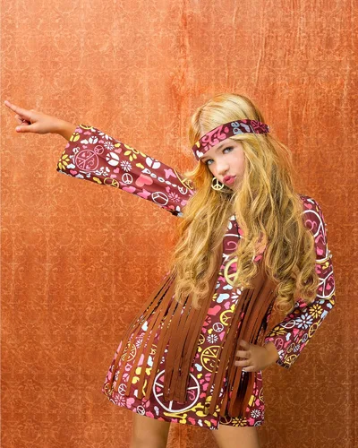 Vista 6 de Disfraz hippie para niñas, vestido hippie de los años 70, diadema, traje con signo de la paz, aretes, collar, Halloween, cosplay, disfraz