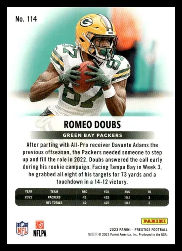 Vista 2 de 2023 Panini Prestige Xtra Points Sunburst #114 Romeo Doubs Green Bay Packers NFL Football Trading Card