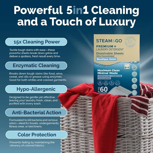 Vista 2 de Steam & Go 5 en 1 Premium+ Hojas de detergente solubles para ropa – aroma de hotel boutique, 30 unidades Premium y soluble