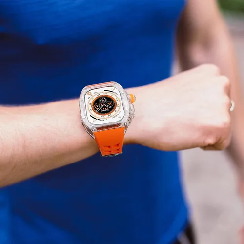 Vista 5 de Funda rígida translúcida con correa para Apple Watch Ultra de 1.929 in, protector transparente con correa de silicona para iWatch Ultra de 1.929 in