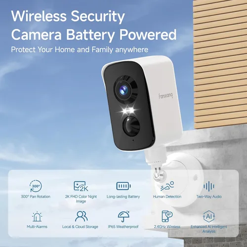Vista 2 de fanxiang Cámara de seguridad inalámbrica 2K con batería recargable para exteriores, WiFi, rotación panorámica de 300°, detección de movimiento AI
