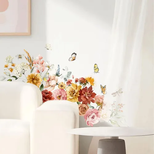 Vista 2 de Runtoo Calcomanías de arte de pared de flores de peonía, acuarela, mariposa, floral, calcomanías de pared para dormitorio, sala de estar, bebé