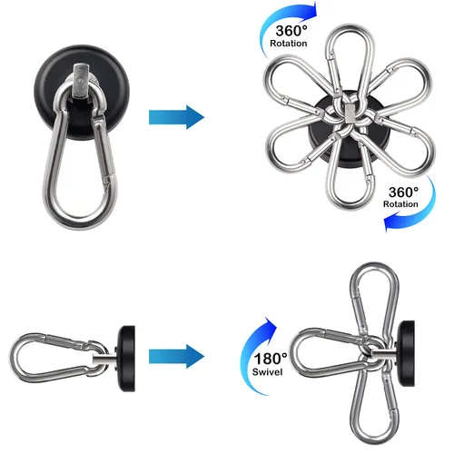 Vista 4 de WELLZEER Ganchos magnéticos de 100 libras, ganchos magnéticos negros con mosquetón giratorio para colgar refrigerador, fuerte imán de neodimio