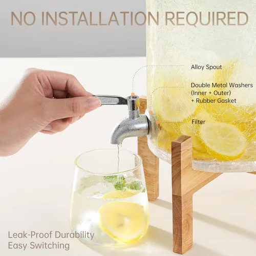 Vista 3 de Dispensador de bebidas de vidrio de 2 galones con soporte, dispensador de bebidas con tapa de madera y grifo de acero inoxidable, dispensador