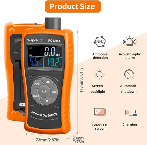 Vista 3 de Detector de gas de amoníaco, monitor NH3 de 0 ~ 100 PPM, detector de gas WapoRich NH3, medidor digital de amoníaco con alarma, temperatura (℉/℃)